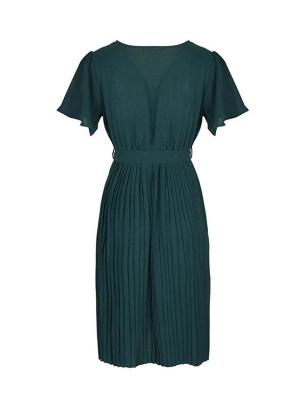 Dress- Women's V Neck Midi Dress with Lotus Leaf Sleeves- - Pekosa Women Clothing