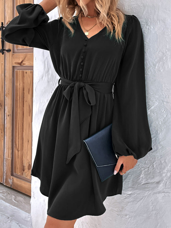 Dresses- Solid A-Line Long Sleeve Waist Tie Mini Dress- - Pekosa Women Clothing