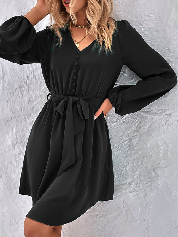 Dresses- Solid A-Line Long Sleeve Waist Tie Mini Dress- - Pekosa Women Clothing