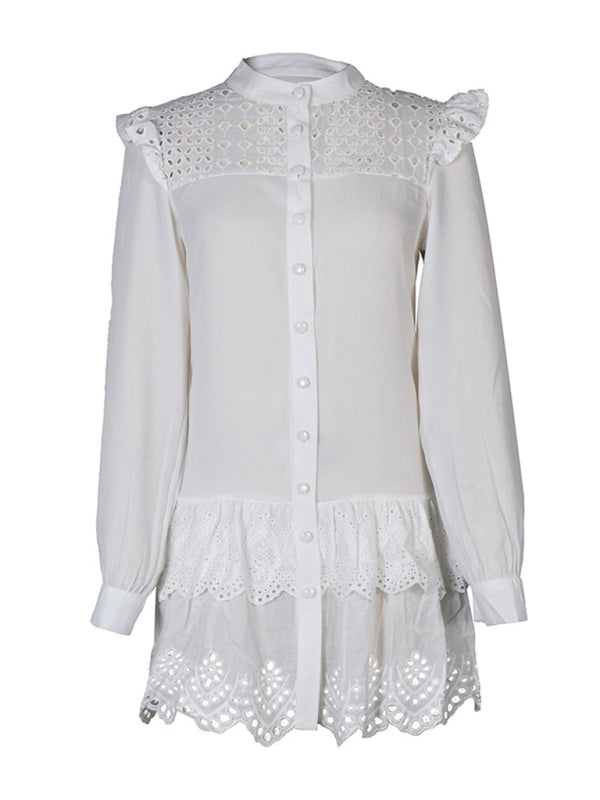 Dresses- Solid Guipure Lace Accents Button Long Sleeve Ruffle Dress- - Pekosa Women Clothing