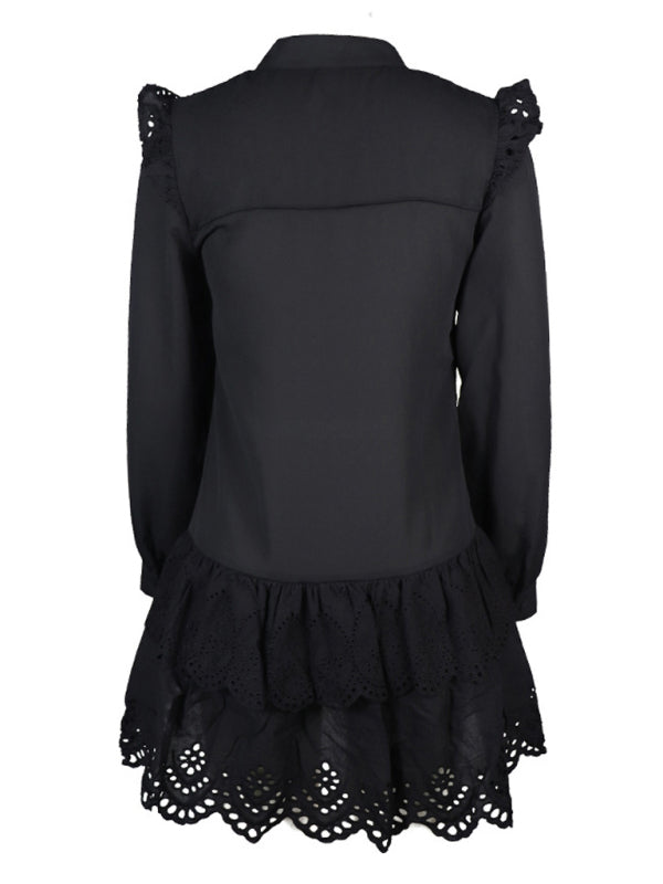 Dresses- Solid Guipure Lace Accents Button Long Sleeve Ruffle Dress- - Pekosa Women Clothing