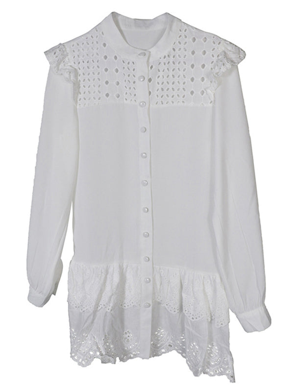 Dresses- Solid Guipure Lace Accents Button Long Sleeve Ruffle Dress- - Pekosa Women Clothing