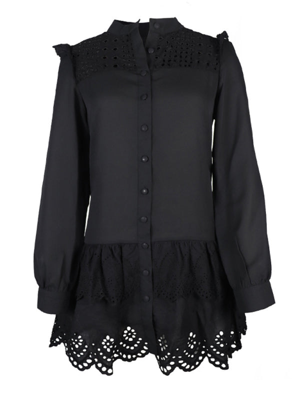 Dresses- Solid Guipure Lace Accents Button Long Sleeve Ruffle Dress- - Pekosa Women Clothing