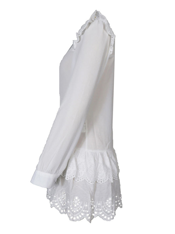 Dresses- Solid Guipure Lace Accents Button Long Sleeve Ruffle Dress- - Pekosa Women Clothing