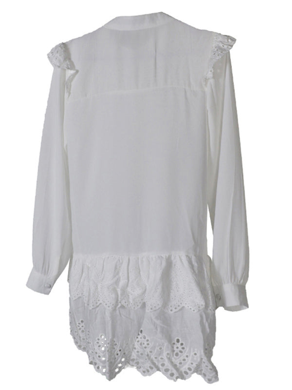 Dresses- Solid Guipure Lace Accents Button Long Sleeve Ruffle Dress- - Pekosa Women Clothing