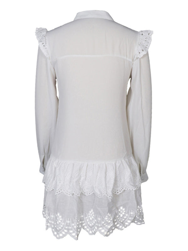 Dresses- Solid Guipure Lace Accents Button Long Sleeve Ruffle Dress- - Pekosa Women Clothing