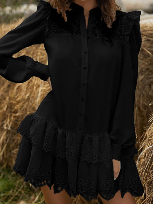 Dresses- Solid Guipure Lace Accents Button Long Sleeve Ruffle Dress- Black- Pekosa Women Clothing