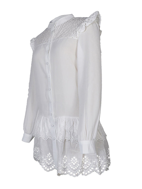 Dresses- Solid Guipure Lace Accents Button Long Sleeve Ruffle Dress- - Pekosa Women Clothing