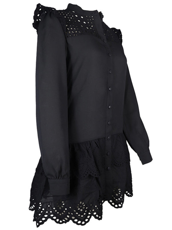 Dresses- Solid Guipure Lace Accents Button Long Sleeve Ruffle Dress- - Pekosa Women Clothing