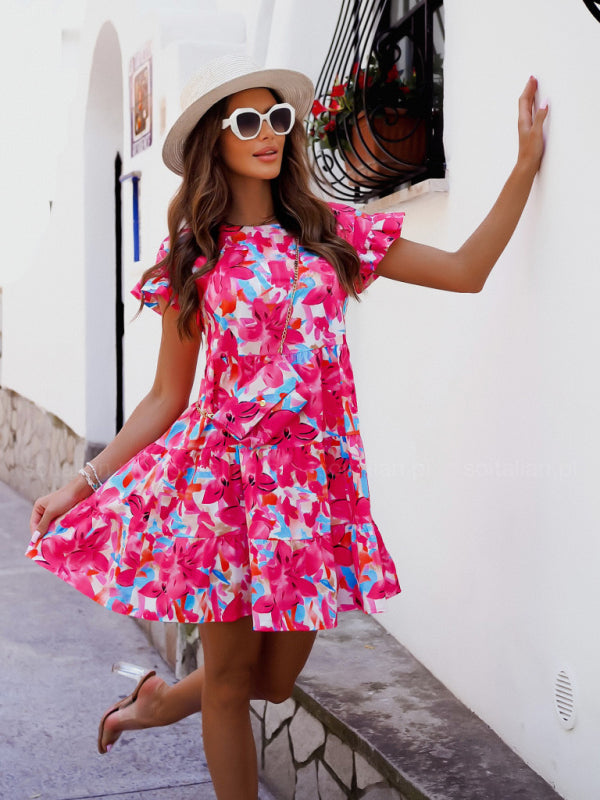 Dresses- Women's Floral Tiered Ruffle Dress - Perfect For All Occasions!- Rose- Pekosa Women Clothing