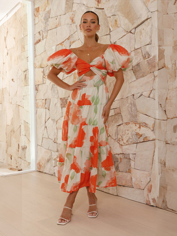 Elegant Dresses- Elegant Floral A-Line Off-Shoulder Midi Dress with Puff Sleeves- - Pekosa Women Clothing