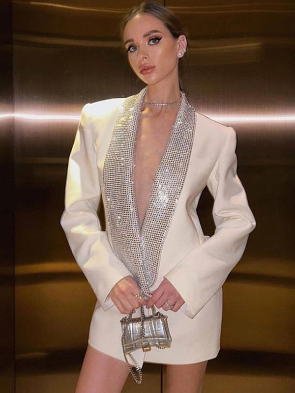 Elegant Dresses- Elegant Sparkly Rhinestone Shawl Collar Backless Blazer Dress- - Pekosa Women Clothing