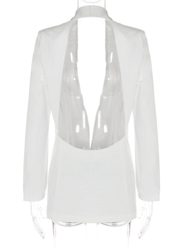 Elegant Dresses- Elegant Sparkly Rhinestone Shawl Collar Backless Blazer Dress- - Pekosa Women Clothing