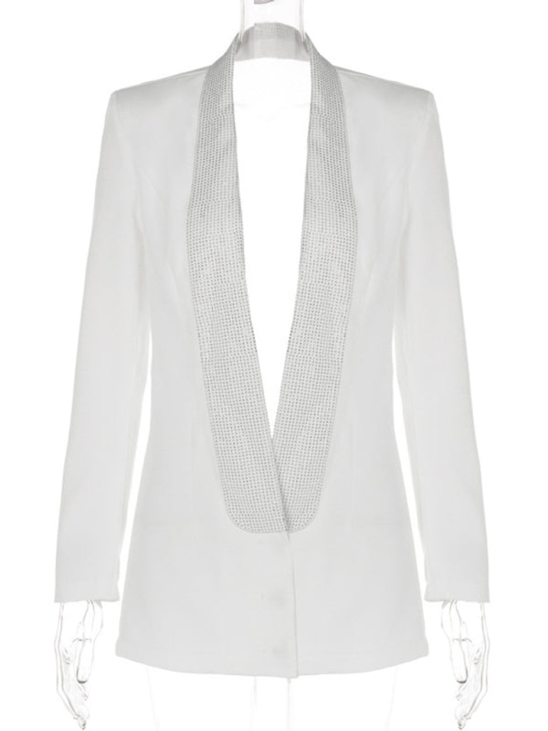 Elegant Dresses- Elegant Sparkly Rhinestone Shawl Collar Backless Blazer Dress- - Pekosa Women Clothing