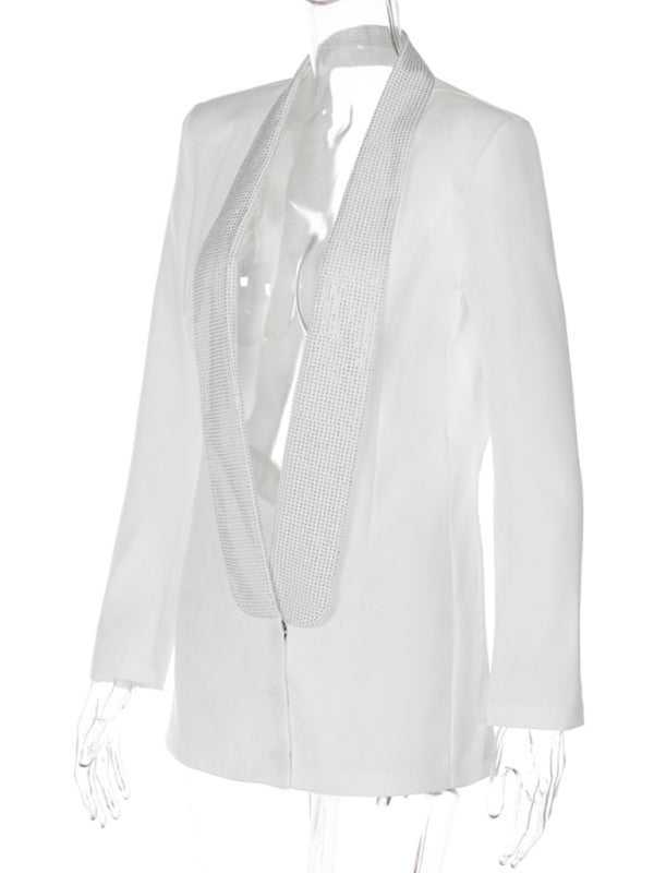 Elegant Dresses- Elegant Sparkly Rhinestone Shawl Collar Backless Blazer Dress- - Pekosa Women Clothing