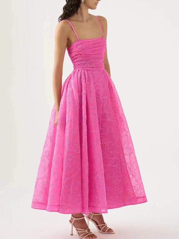 Elegant Vintage Fit & Flare Embroidered Organza Midi Dress