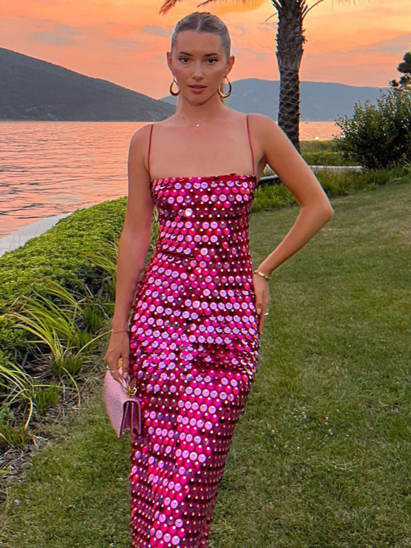 Elegant Dresses- Evening Sequined Wedding Guest Long Dress- Rose- Pekosa Women Clothing