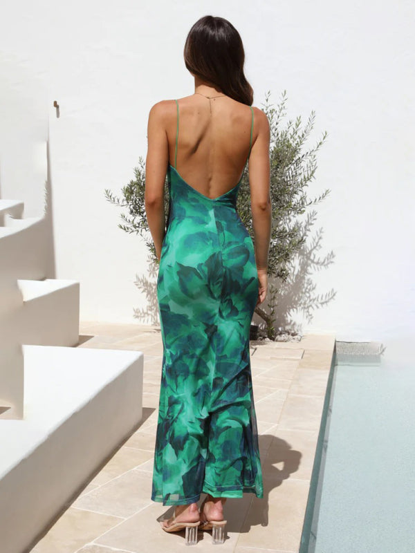 Elegant Dresses- Mermaid Backless Cowl Maxi Dress in Green Print- - Pekosa Women Fashion