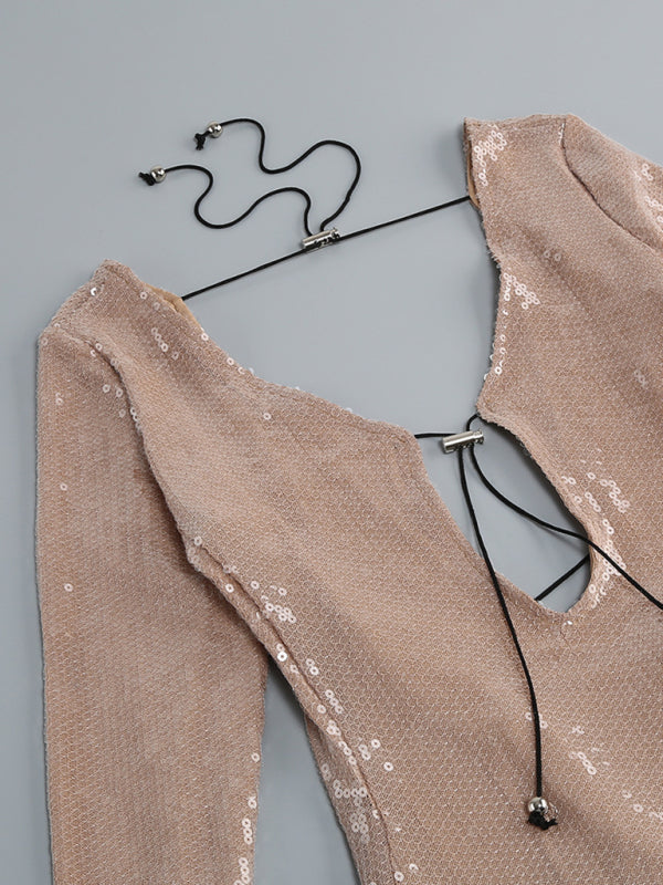 Elegant Dresses- Sparkly Elegant Autumn Cutout Open Tie-Back Dress- - Pekosa Women Clothing