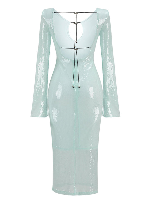 Elegant Dresses- Sparkly Elegant Autumn Cutout Open Tie-Back Dress- - Pekosa Women Clothing