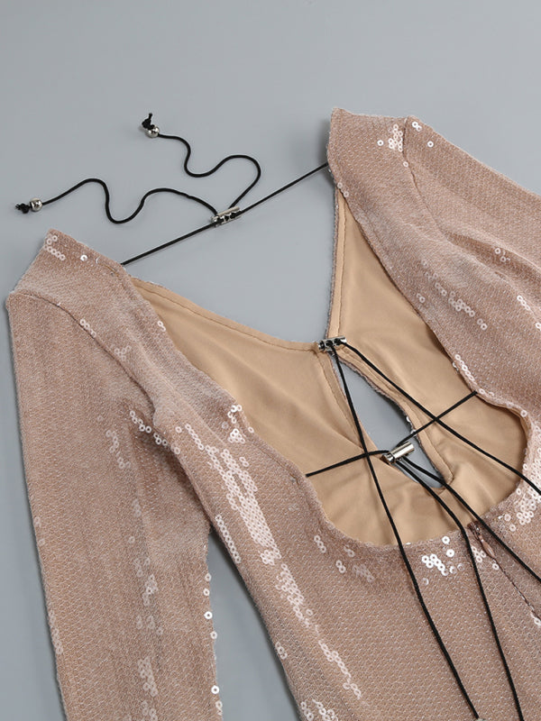 Elegant Dresses- Sparkly Elegant Autumn Cutout Open Tie-Back Dress- - Pekosa Women Clothing