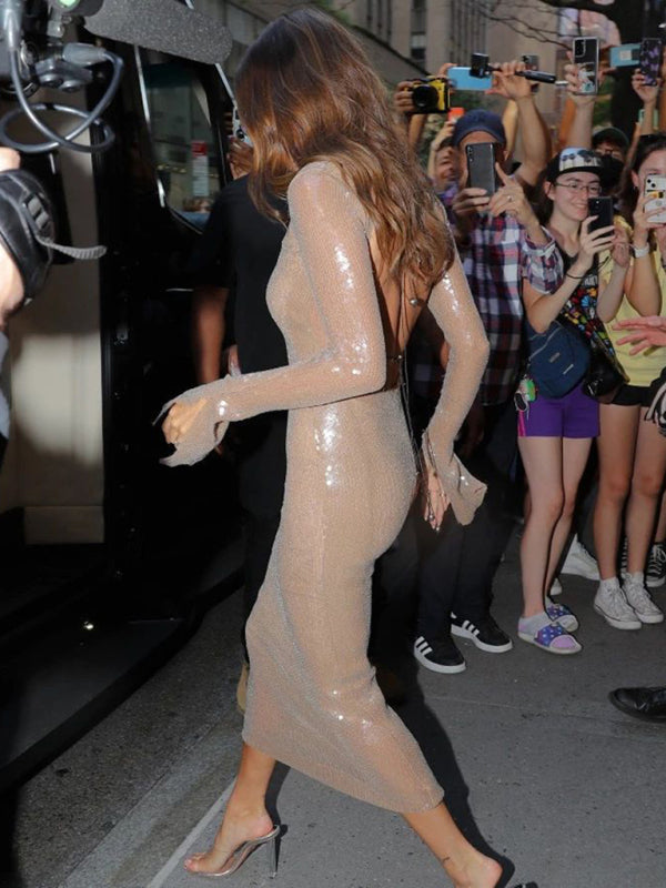 Elegant Dresses- Sparkly Elegant Autumn Cutout Open Tie-Back Dress- - Pekosa Women Clothing