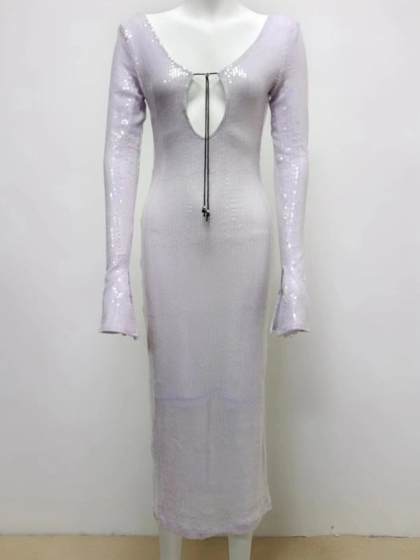 Elegant Dresses- Sparkly Elegant Autumn Cutout Open Tie-Back Dress- Purple- Pekosa Women Clothing