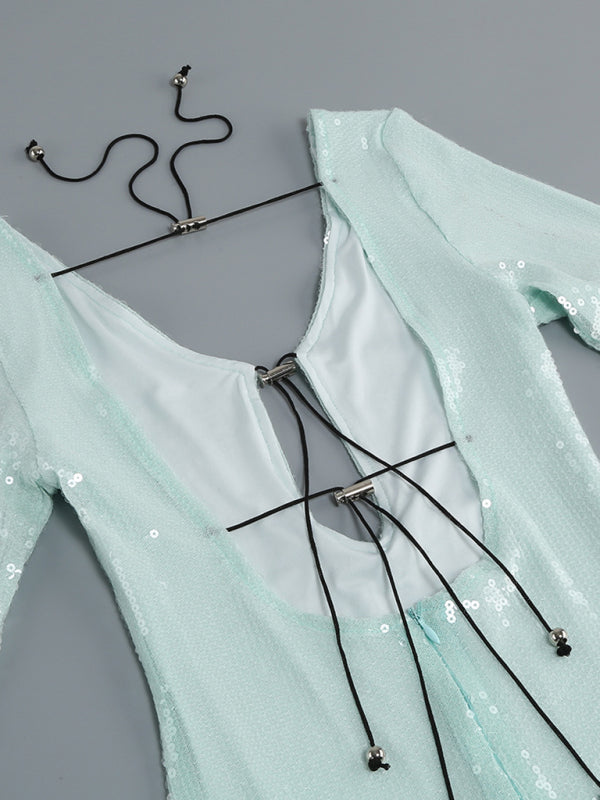 Elegant Dresses- Sparkly Elegant Autumn Cutout Open Tie-Back Dress- - Pekosa Women Clothing