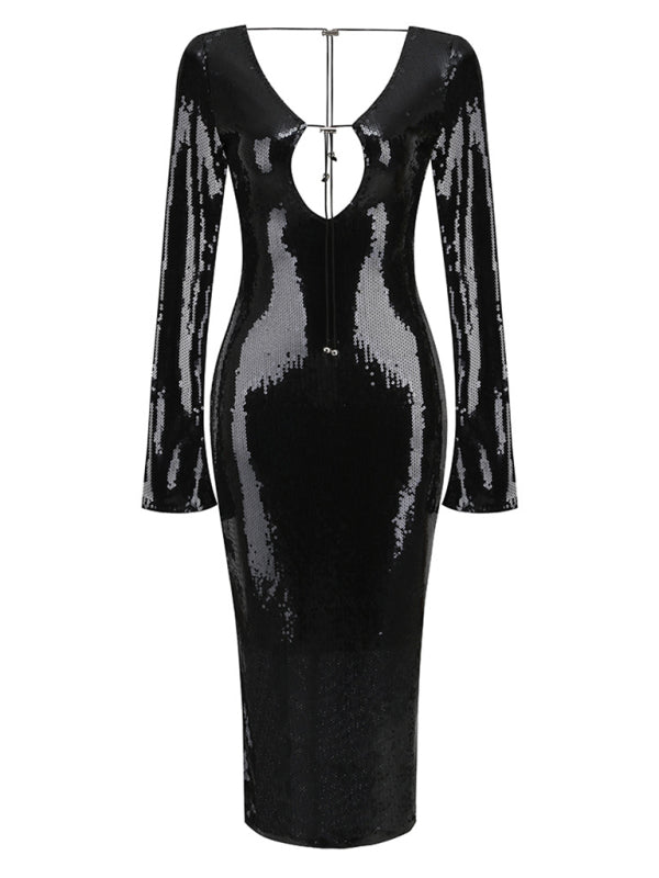 Elegant Dresses- Sparkly Elegant Autumn Cutout Open Tie-Back Dress- - Pekosa Women Clothing