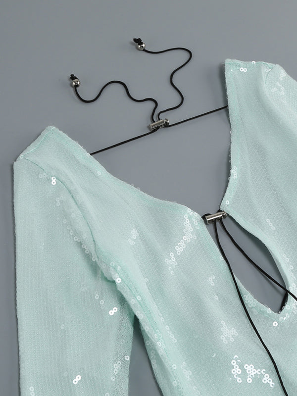 Elegant Dresses- Sparkly Elegant Autumn Cutout Open Tie-Back Dress- - Pekosa Women Clothing