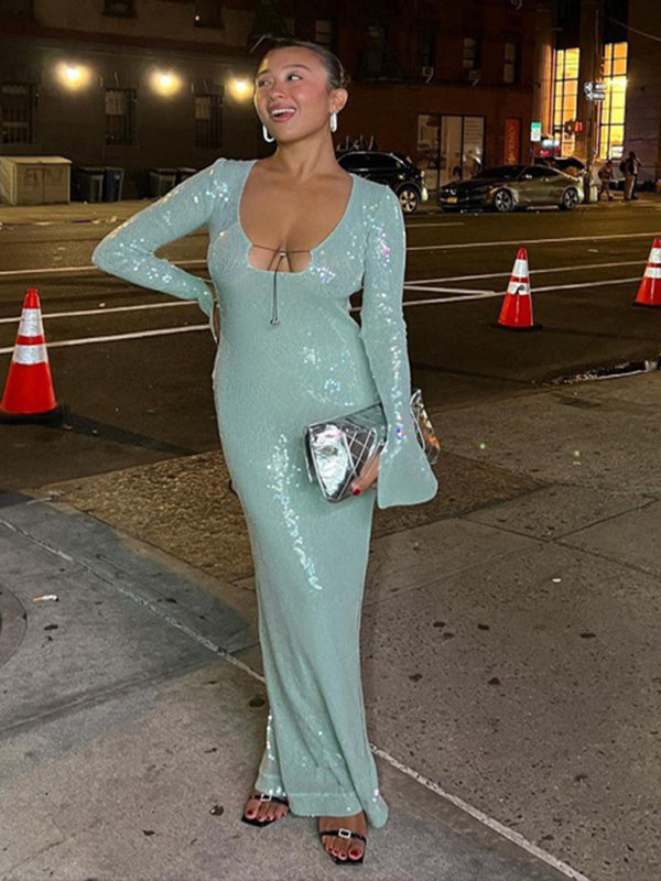 Elegant Dresses- Sparkly Elegant Autumn Cutout Open Tie-Back Dress- - Pekosa Women Clothing