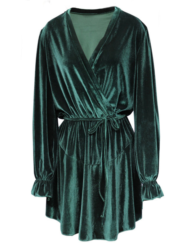 Elegant Dresses- Winter Velvet Surplice V Neck Long Sleeve Mini Dress- - Pekosa Women Clothing