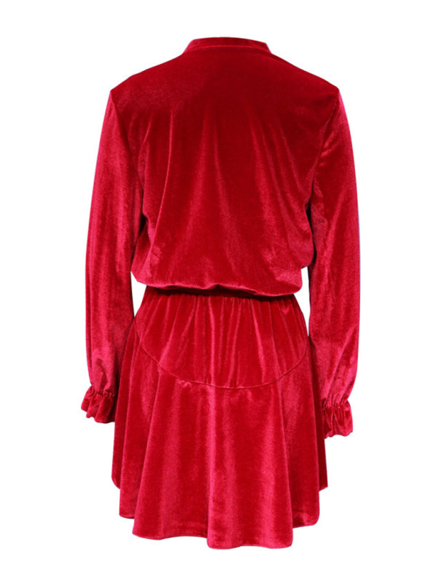 Elegant Dresses- Winter Velvet Surplice V Neck Long Sleeve Mini Dress- - Pekosa Women Clothing