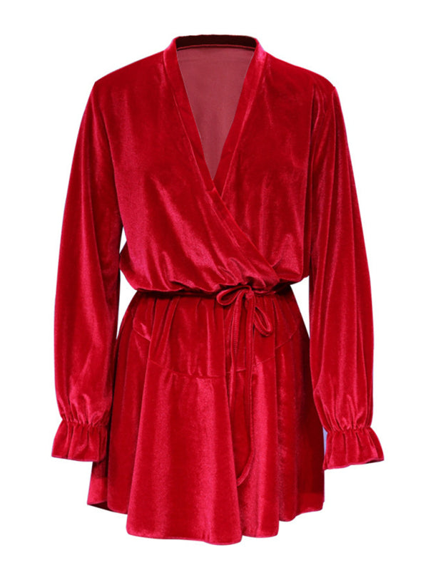 Elegant Dresses- Winter Velvet Surplice V Neck Long Sleeve Mini Dress- - Pekosa Women Clothing