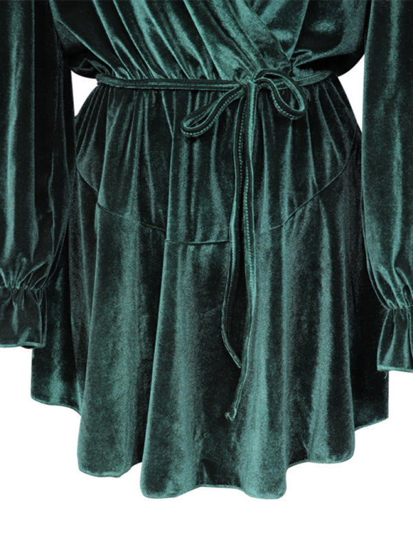 Elegant Dresses- Winter Velvet Surplice V Neck Long Sleeve Mini Dress- - Pekosa Women Clothing
