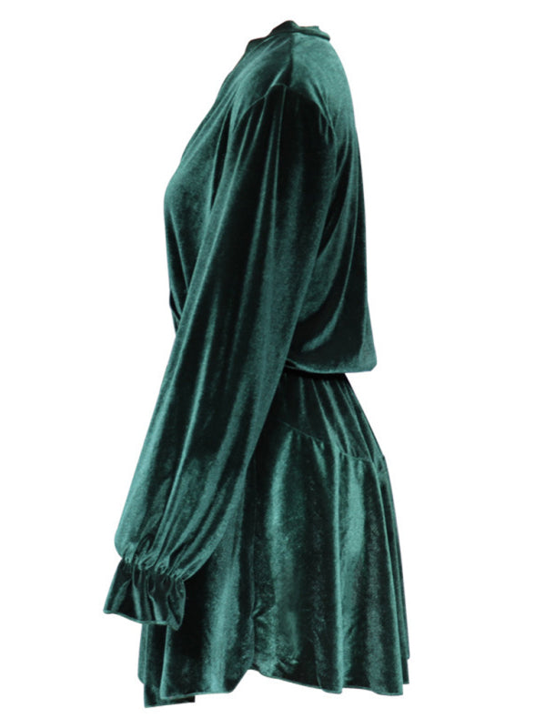 Elegant Dresses- Winter Velvet Surplice V Neck Long Sleeve Mini Dress- - Pekosa Women Clothing