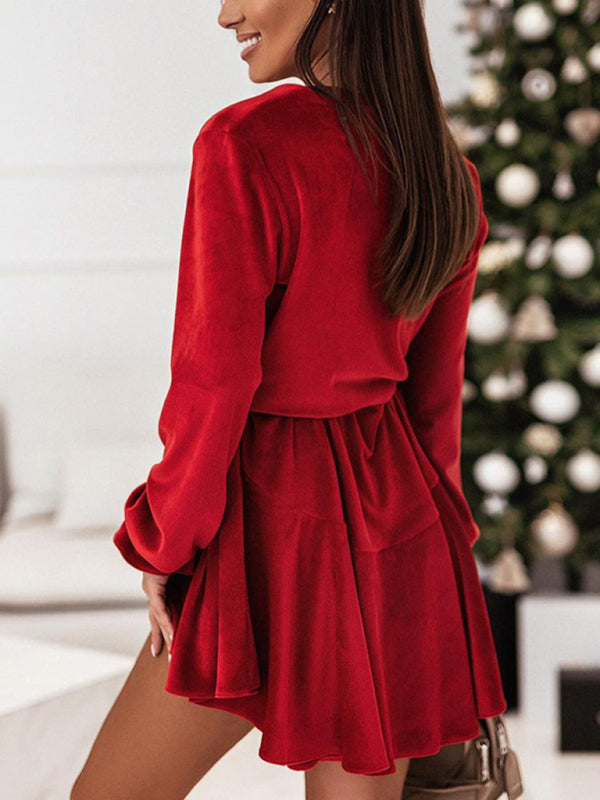 Elegant Dresses- Winter Velvet Surplice V Neck Long Sleeve Mini Dress- - Pekosa Women Clothing