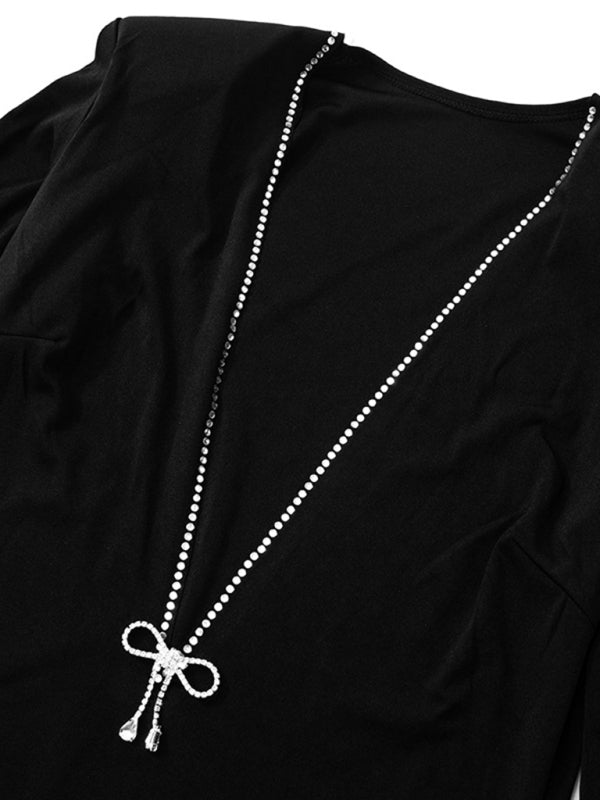 Festive Dresses- Beaded Bow Applique Plunging Mini Dress with Long Sleeves- - Pekosa Women Clothing