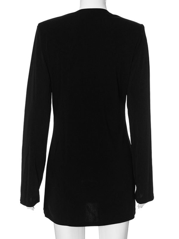 Festive Dresses- Beaded Bow Applique Plunging Mini Dress with Long Sleeves- - Pekosa Women Clothing