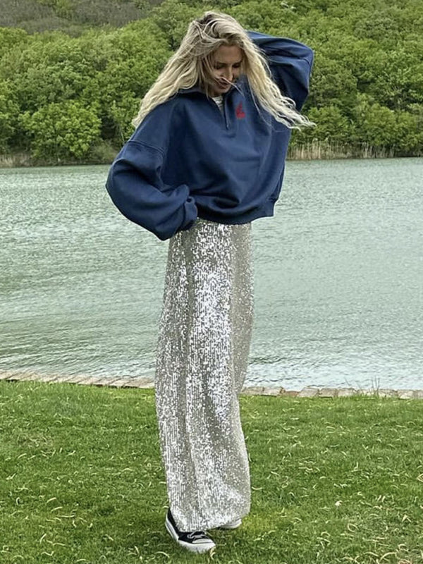 Festive Outfits- Glitter Gala Festive Sequined Long Sleeve Crop Top with Maxi Skirt- - Pekosa Women Clothing