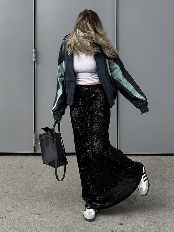 Festive Outfits- Glitter Gala Festive Sequined Long Sleeve Crop Top with Maxi Skirt- - Pekosa Women Clothing