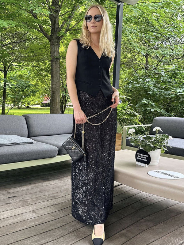 Festive Outfits- Glitter Gala Festive Sequined Long Sleeve Crop Top with Maxi Skirt- - Pekosa Women Clothing