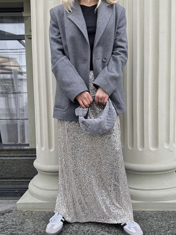 Festive Outfits- Glitter Gala Festive Sequined Long Sleeve Crop Top with Maxi Skirt- - Pekosa Women Clothing