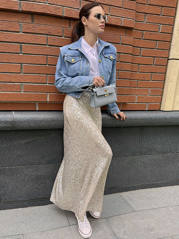 Festive Outfits- Glitter Gala Festive Sequined Long Sleeve Crop Top with Maxi Skirt- - Pekosa Women Clothing
