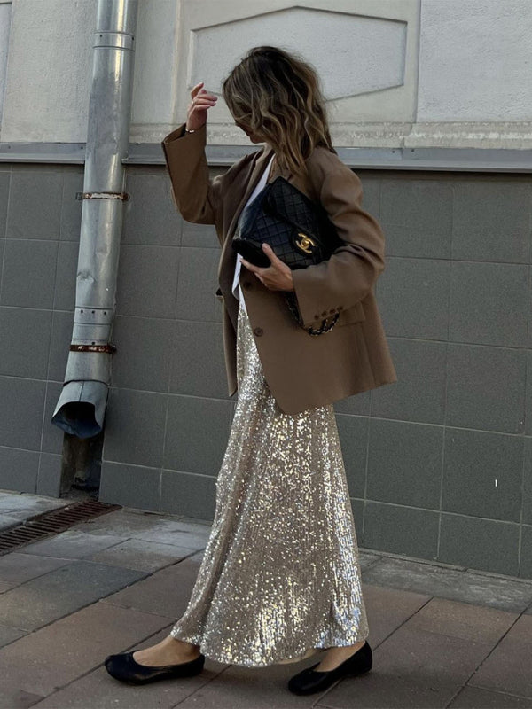 Festive Outfits- Glitter Gala Festive Sequined Long Sleeve Crop Top with Maxi Skirt- - Pekosa Women Clothing