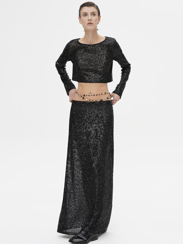Festive Outfits- Glitter Gala Festive Sequined Long Sleeve Crop Top with Maxi Skirt- Black- Pekosa Women Clothing