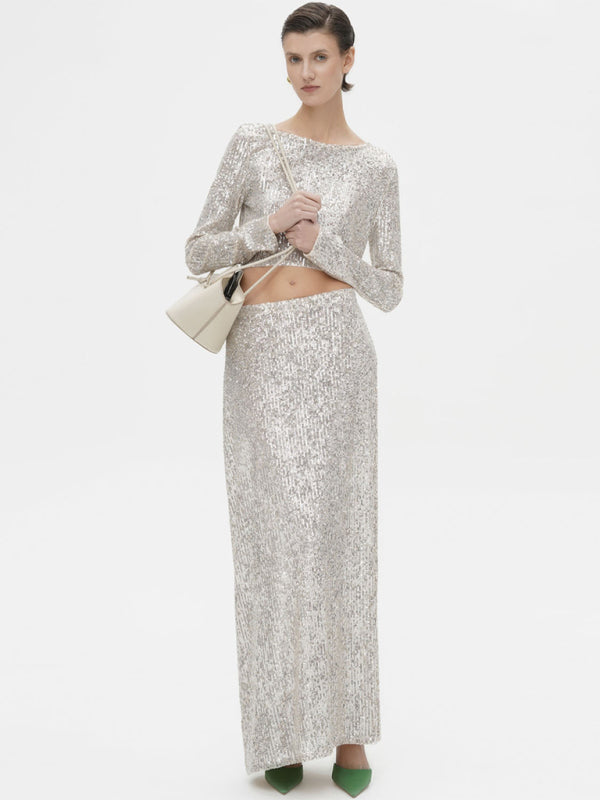 Festive Outfits- Glitter Gala Festive Sequined Long Sleeve Crop Top with Maxi Skirt- Silver grey- Pekosa Women Clothing