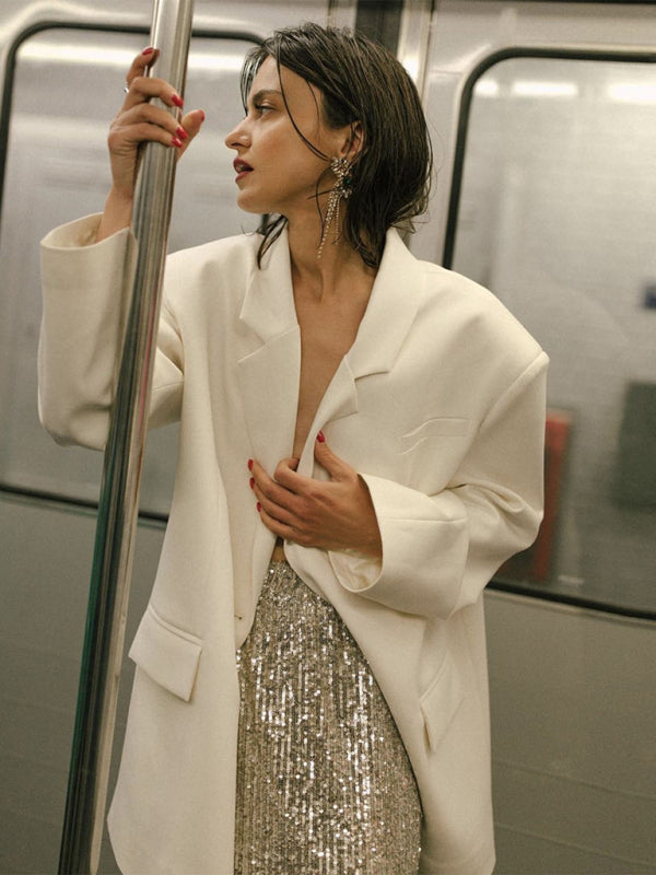 Festive Outfits- Glitter Gala Festive Sequined Long Sleeve Crop Top with Maxi Skirt- - Pekosa Women Clothing