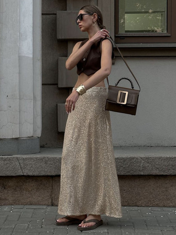 Festive Outfits- Glitter Gala Festive Sequined Long Sleeve Crop Top with Maxi Skirt- - Pekosa Women Clothing