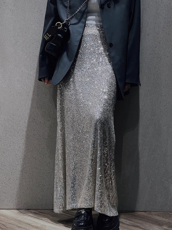 Festive Outfits- Glitter Gala Festive Sequined Long Sleeve Crop Top with Maxi Skirt- - Pekosa Women Clothing
